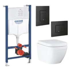 Grohe Euro Alpine White Standard Wall Hung Oval Toilet & Cistern With Soft Close Seat & Matt Black Plate