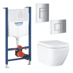 Grohe Euro Even Alpine White Standard Wall Hung Oval Toilet & Cistern With Soft Close Seat & Plate Kit