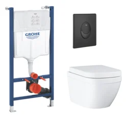 Grohe Euro Start Alpine White Standard Wall Hung Oval Toilet & Cistern With Soft Close Seat & Matt Black Plate